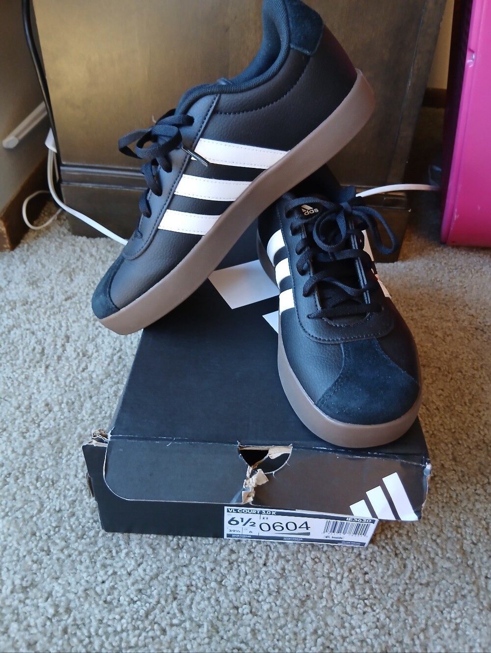 NWT Adidas VL Court Black Sneakers with White Stripes